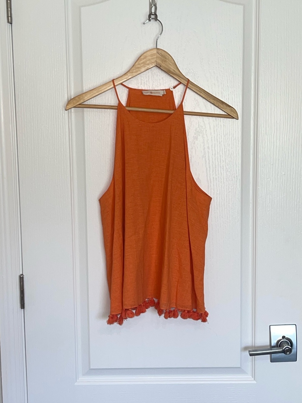 TORY BURCH Orange Pom-Pom Hem Frill Halter Tank Top 100% Cotton Sz 12 - Picture 2 of 10